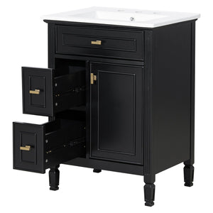 English Elm 24-Inch Bathroom Vanity with Sink, Solid Wood & MDF, Ceramic Top, Gold Handles, Flip Drawer Design Black N725P350824B