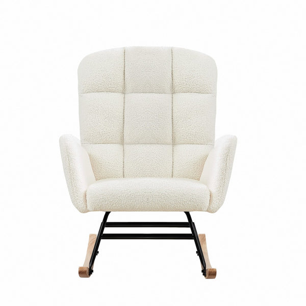 English Elm Cream Plush Teddy Fabric Rocking Armchair with High Back Support for Nursery Cream White W3985P404154