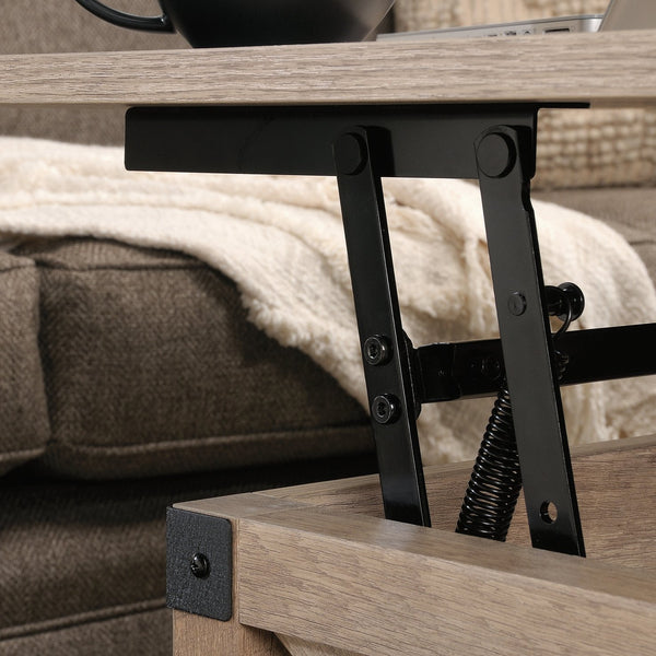 English Elm Lift-Top Coffee Table With Hidden Storage & Open Shelves - Modern Brown Finish For Versatile Living Spaces B356P367802