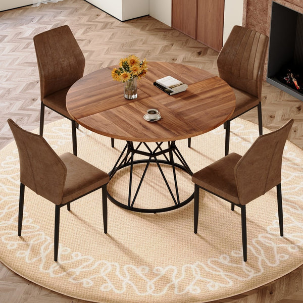 English Elm Table and Chair Set Walnut Round Dining with Hourglass Base Four Fabric Seats W1151S04859