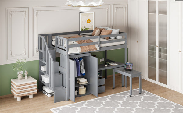 English Elm Queen Murphy Bed with Integrated Desk Cabinet Shelves Space Saving Studio Solution Gray N708S00013E