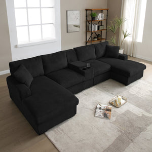 English Elm U Shaped Oversized Sectional Sofa with Double Chaise Console Cup Holders and Usb Port Black W1117S00326