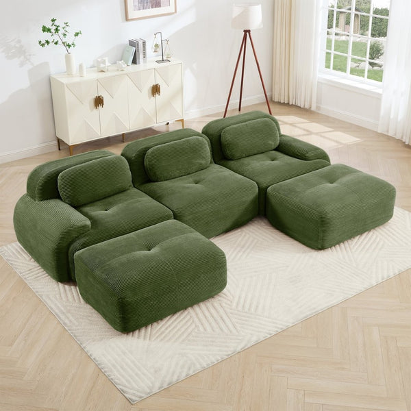 English Elm U-shaped Modular Sectional Corduroy Sofa with Wide Armrests for Living Room Comfort Olive Green W714S01259
