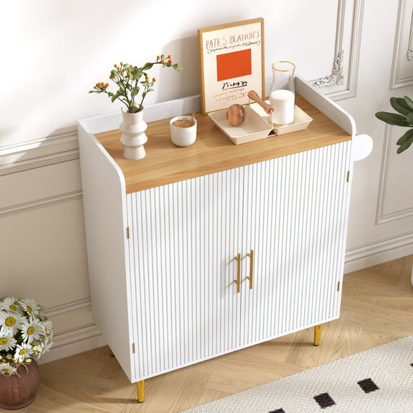English Elm Modern Fluted Bar Cabinet with Wine Rack Glass Holders Adjustable Shelving and Hidden Drawer White N728P438606W