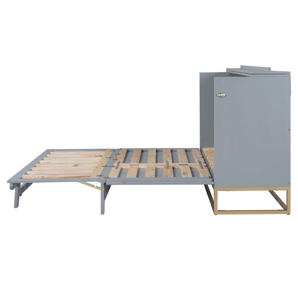 English Elm Murphy Queen Wall Bed with Frosted Glass Cabinet Facade Gold Legs Pine Frame Gray N820S00028E