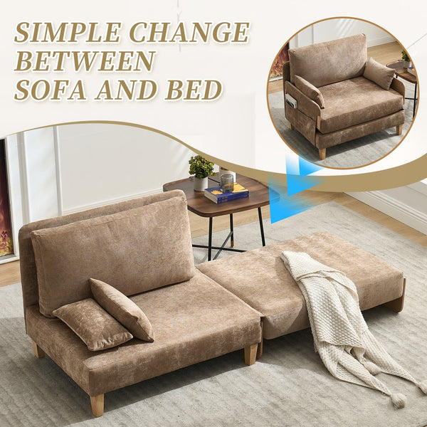 English Elm Foldable sofa bed recliner with three pillows, 3-in-1 convertible sleeper for small spaces, mid-century modern comfort Light Brown W395P290557