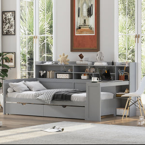 English Elm Wooden Twin Daybed with Built-In Desk, Side Shelves and Dual Drawers for Smart Space Saving Gray 54.9 L x 18.75 W x 5.6 H N733S241484E