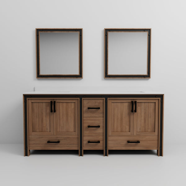 English Elm Rustic Barnwood Double Bath Vanity 80" W with White Quartz Top, Soft-Close Storage & 30" Mirrors B2731S00918