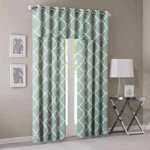 JLA Home Madison Park - Fretwork Metallic Fretwork Print Valance with Grommet Top — Textured Cotton-Blend Light Filter Seafoam/White MP41-2405