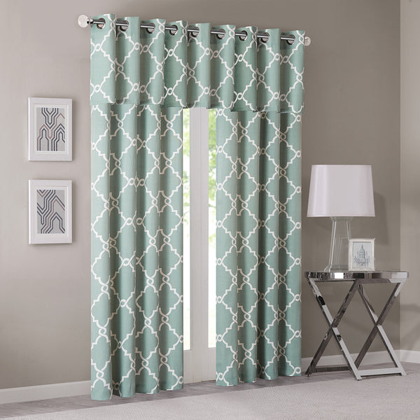 JLA Home Madison Park - Fretwork Metallic Fretwork Print Valance with Grommet Top — Textured Cotton-Blend Light Filter Seafoam/White MP41-2405