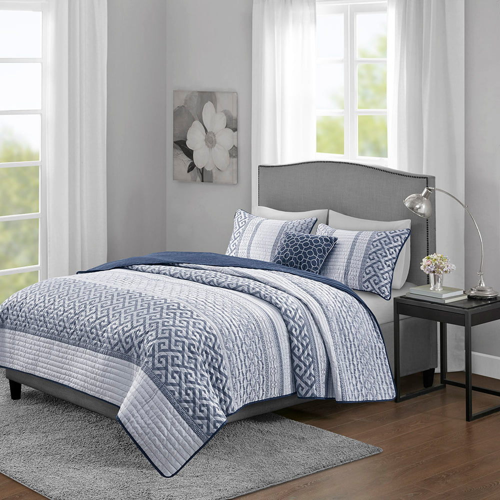 JLA Home Madison Park - 4 Jacquard Quilt Set with Shams and Throw Pillow — Reversible Woven Stripe, Neutral Luxe Quilted Texture 90 L x 90 W x 0.25H MP13-7395