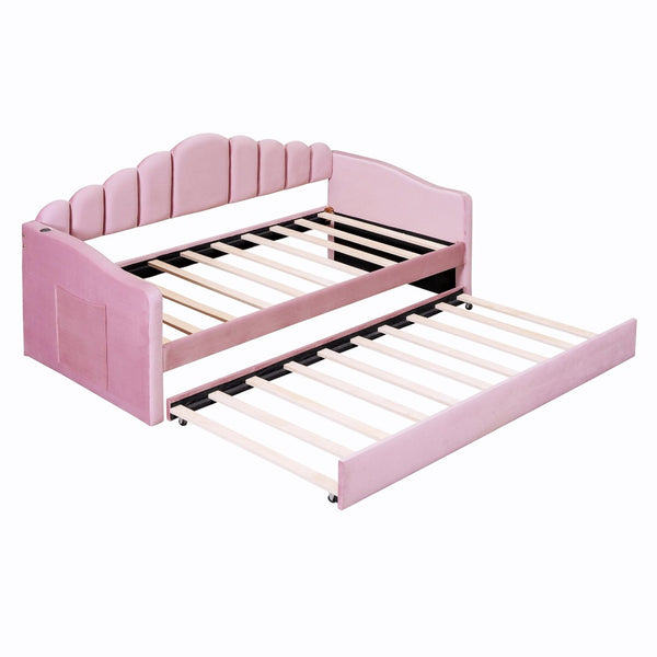 English Elm Twin Velvet Upholstered Daybed with Pull Out Trundle and Built in Usb Charging N733S382368H