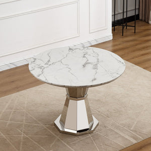 English Elm 47" Round Marble Dining Table | Modern High Gloss Faux Marble & Stainless Steel Base For Any Space W3456S00003