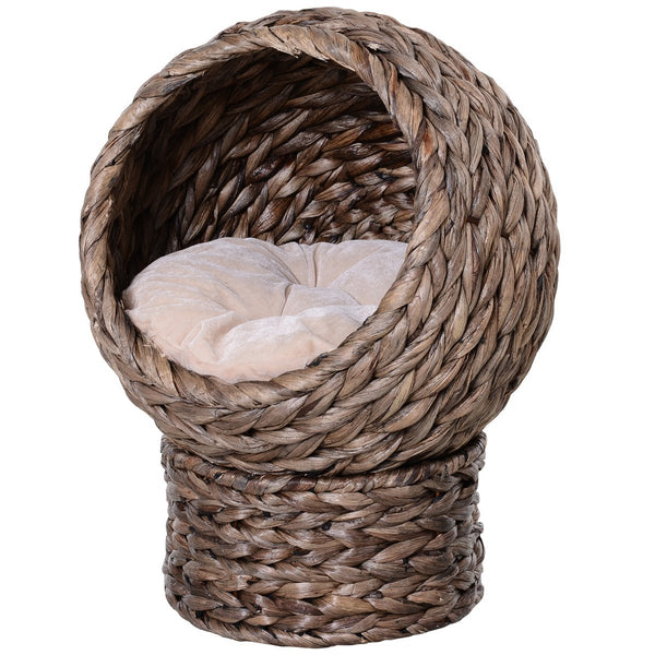 English Elm PawHut Elevated Handwoven Cat Bed with Plush Cushion, Egg-Shaped Cozy Hideaway on Stand for Cats Gray W2225P173748