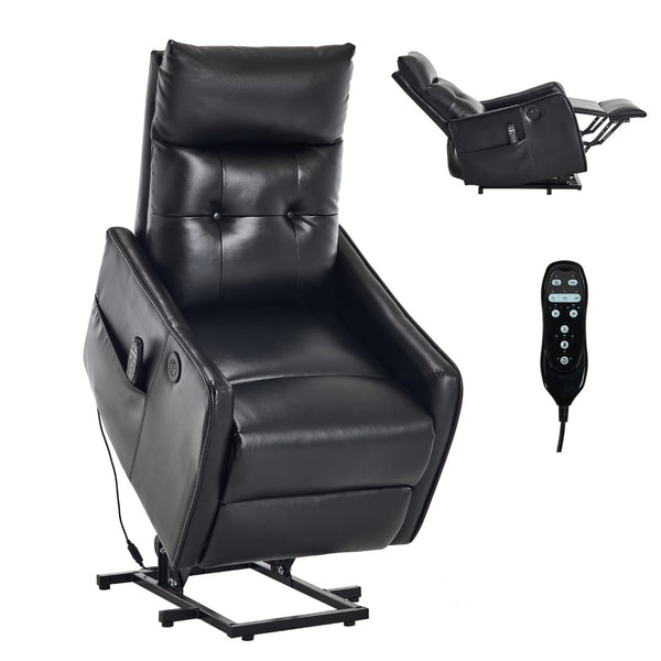 English Elm Black Pu Leather Power Lift Recliner with Massage Heat and Usb for Senior Living W1803P364102