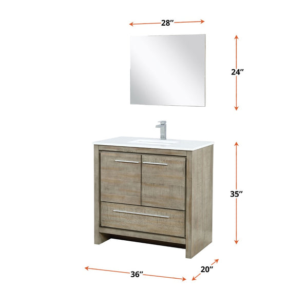 English Elm Rustic Acacia Bath Vanity 36" W With White Quartz Top, Brushed Nickel Faucet & 28" Mirror Set B2731S01947-GIGA