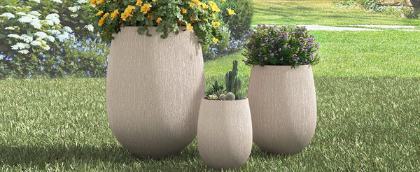 English Elm U_style Egg Shaped Mgo Stone Look Planters Set of 3 Sculptural Pots for Patio Garden N711P406659A