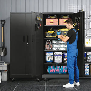 English Elm Heavy Steel Garage Cabinet with Pegboard Doors Locking Wheels and Adjustable Shelving T2398P465997