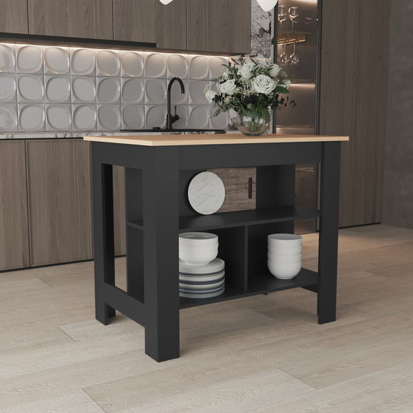 English Elm Kitchen Island with Spacious Leg Room and Wide Prep Top, 3 Open Shelves for Cookware & Storage Black+Natural 48.43 L x 32.68 W x 4.33 H B097P250923