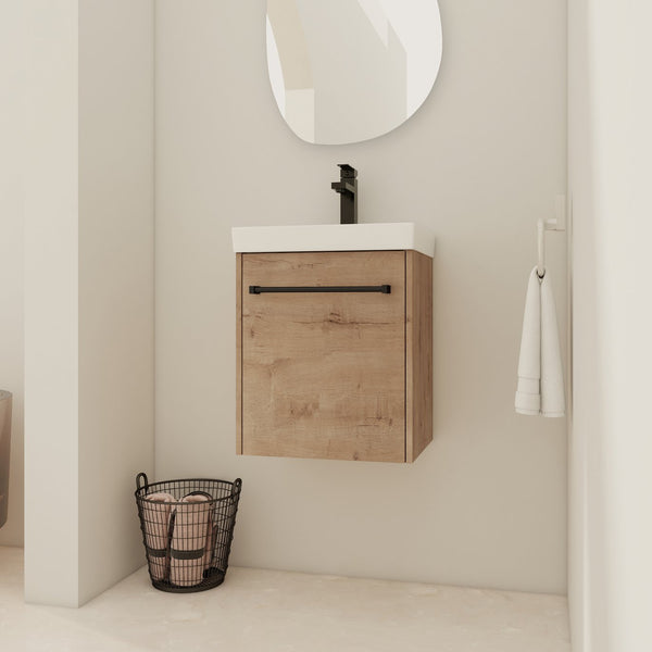 English Elm 18'' Floating Wall-Mounted Bathroom Vanity with Ceramic Sink, Soft-Close Door & Space-Saving Design Imitative Oak W999P236339