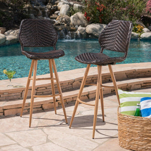 English Elm Christopher Knight Home® - LARYN Outdoor Wicker Barstools - Set of 2 Multibrown Seats with Wood-Finish Metal Legs, Durable Patio Seating 62619.00MBRN