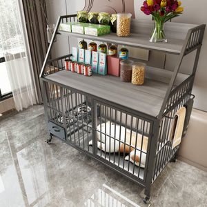 English Elm Large Pet Cage with Iron Frame Mdf Panels Storage Rack and Steel Feeding Basins Black,Gray+Charcoal W3064P245387