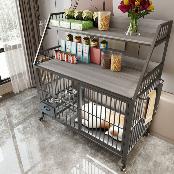 English Elm Large Pet Cage with Iron Frame Mdf Panels Storage Rack and Steel Feeding Basins Black,Gray+Charcoal W3064P245387