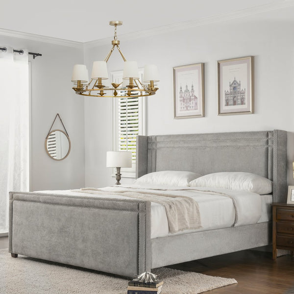 English Elm Jennifer Taylor Home - Elle Wingback Upholstered King Bed in Silver Grey Polyester — Handcrafted Hardwood Frame, Nailhead Trim, Luxurious Support B2719P245936