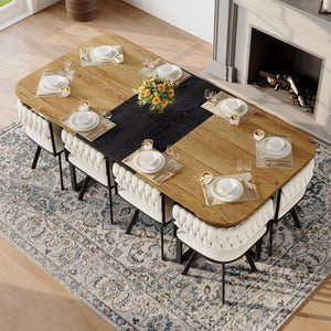 English Elm 9-piece Square Dining Set Velvet Upholstered Chairs Two-tone Tabletop Seats 8 Beige,Black,Wood W3875S00141