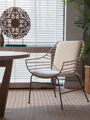 Lexington Artistica Home Raconteur Arm Chair - Unique Curved Back Design With Elegant White Washed Rattan And Dark Gray Frame Natural Iron Wood 2089-881-01