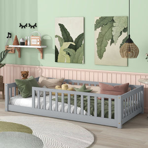 English Elm Twin Solid Rubberwood Floor Bed with Full Perimeter Safety Rails for Toddler Rooms Grey W504P296793