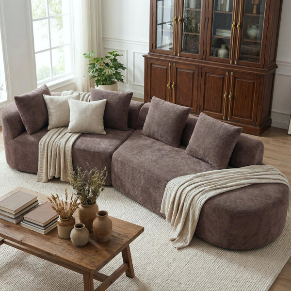 English Elm 116" Curved Sectional Sofa Pearl Fabric Chaise Frameless Sponge Contemporary Living Room Brown N767P388359B