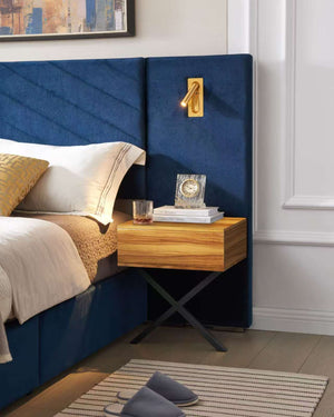 English Elm Queen Modern Floating Bedside Tables with LED Lights, Crossed Metal Legs, Single Drawer Storage, Durable Construction Retro Blue W1793S00001