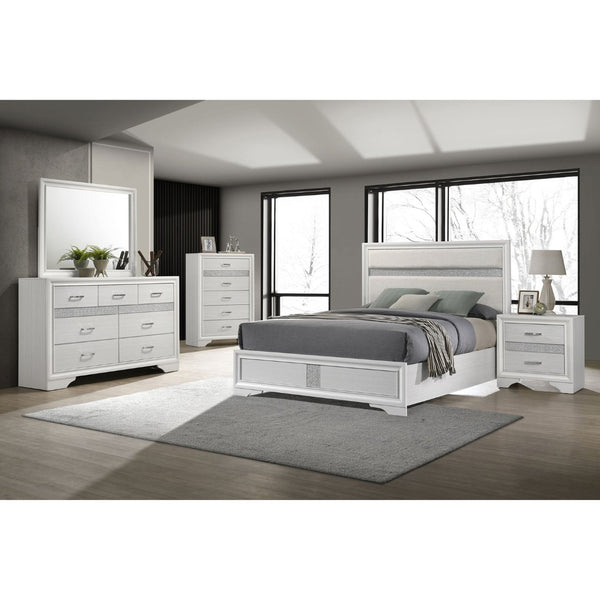 English Elm Annie Glam Queen Bed Glittering Stripe Upholstered Headboard Padded White Panel Frame B062S01599