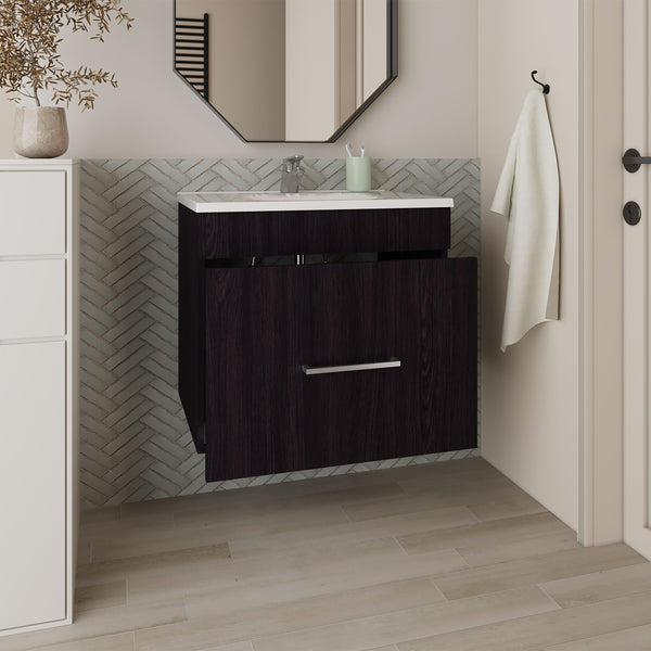 English Elm Bathroom Vanity with Sink Engineered Wood, Single Drawer Storage, Compact Modern Minimalist Design Black 28.35 L x 23.23 W x 11.81 H B097P350323