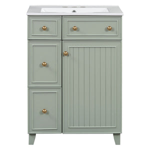 English Elm 24-Inch Bathroom Vanity Cabinet with Ceramic Sink, Space-Saving Storage, Solid Wood Feet, Durable Finish Green WF532034AAF