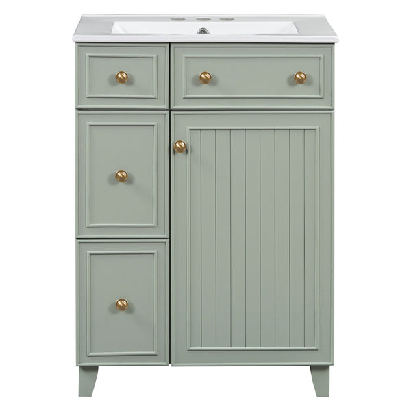 English Elm 24-Inch Bathroom Vanity Cabinet with Ceramic Sink, Space-Saving Storage, Solid Wood Feet, Durable Finish Green WF532034AAF