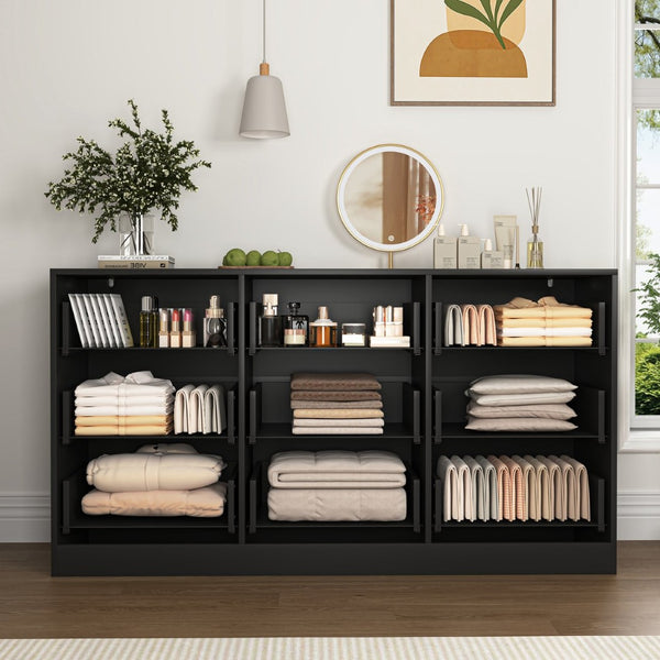 English Elm Black Nine Drawer Wide Dresser Matte Wood Chest with Wavy Relief Panels Bedroom Storage Black W409P307541