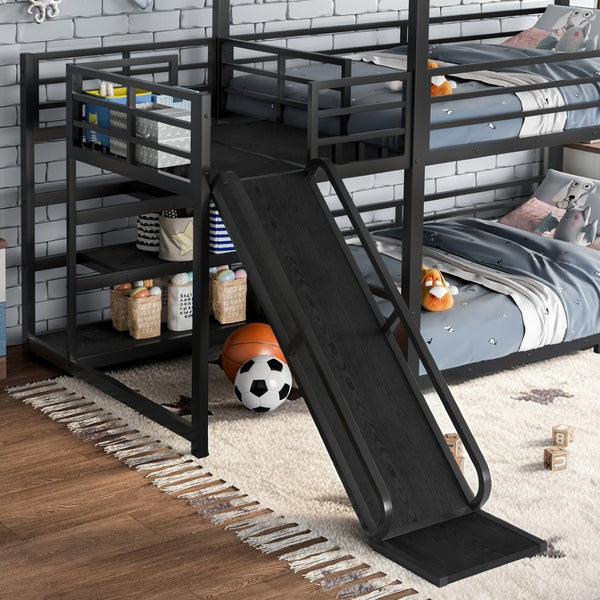 English Elm Twin House Bunk Bed with Slide Storage Stairs and Safety Rails for Kids Rooms W1580S00649