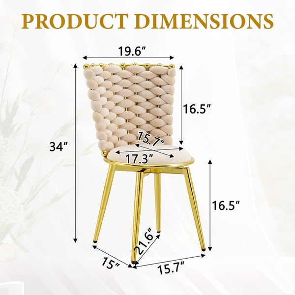 English Elm Set of 2 Velvet Dining Chairs with Braided Rope Backrests and Sculptural Metal Legs Beige W1512P491458