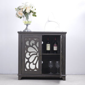 English Elm Elegant Mirrored Sideboard with Butterfly Carved Doors Wood Grain Finish Dining Storage Dark Brown W2899P372739