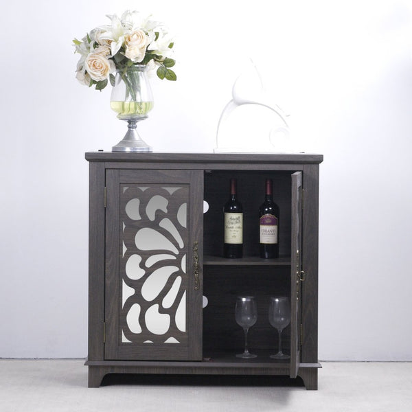 English Elm Elegant Mirrored Sideboard with Butterfly Carved Doors Wood Grain Finish Dining Storage Dark Brown W2899P372739