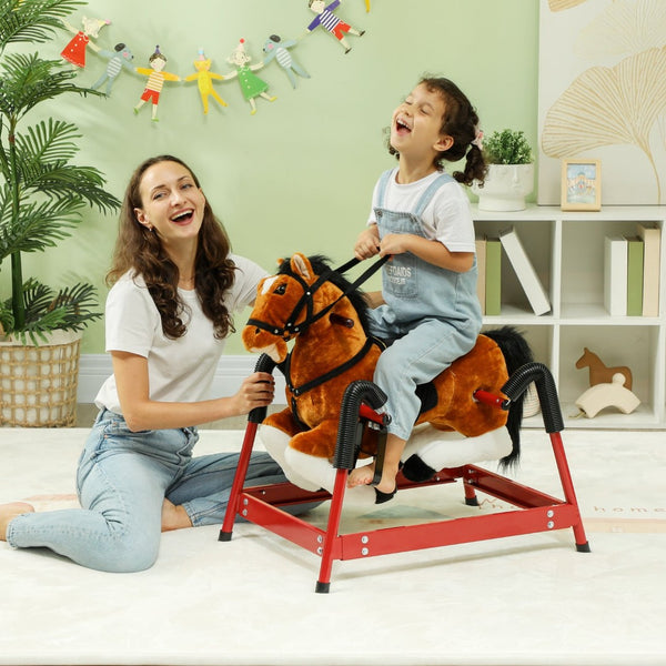 English Elm Qaba Plush Spring Rocking Horse with Sounds Stirrups and Saddle for Kids Brown W2225P249744