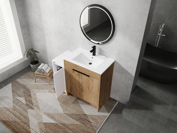 English Elm 42 Inch Freestanding Bathroom Vanity With Ceramic Sink, Soft-Close Doors & Ample Storage Solutions W999S00309
