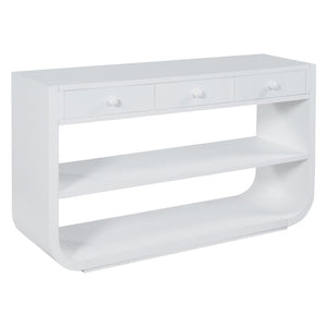 English Elm [video] Sculptural Console Table Pine Wood Curved Legs Soft-close Drawers Open Shelving Entryway White N759P433560K