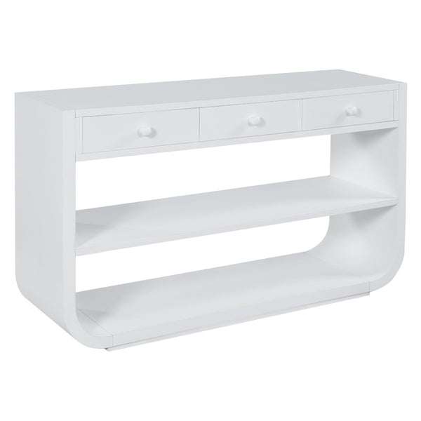 English Elm [video] Sculptural Console Table Pine Wood Curved Legs Soft-close Drawers Open Shelving Entryway White N759P433560K