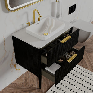 English Elm Elena-30F-311T Modern Striped Walnut Bathroom Vanity Pre-Assembled Freestanding or Wall-Mount Cabinet with Curved Safety Edges and Ample Storage Black W1865P287852