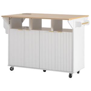 English Elm K&k Fluted Rolling Kitchen Island Faux Marble Top Power Outlet Storage Drawers White N707P353934W
