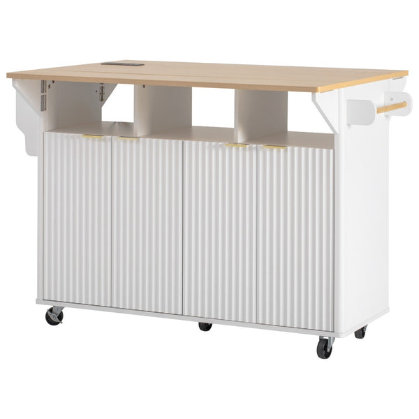 English Elm K&k Fluted Rolling Kitchen Island Faux Marble Top Power Outlet Storage Drawers White N707P353934W