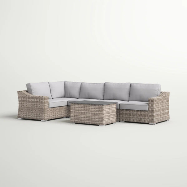 English Elm 4-Person Curved-Arm Wicker Outdoor Sectional Set With Plush Cushions For Stylish Alfresco Lounging B120S00259